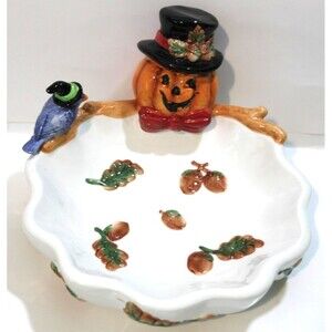 Noble Excellence Jack O Lantern Pumpkin Candy Serving Bowl Dish Bird Halloween